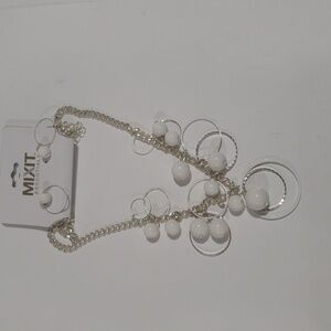 Elegant Silver tone White Hoops & Beads Necklace & Earrings set Women's Jewelry